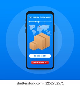Parcel tracking. Hand holding smartphone with cardboard package, magnifying glass and tracking button on mobile phone screen. Vector stock illustration.