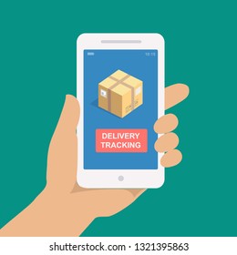 Parcel tracking. Hand holding smartphone with cardboard package. Mobile delivery tracking app