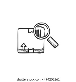 Parcel tracking icon in doodle sketch lines. Logistic package search locate magnifier delivery