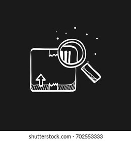 Parcel tracking icon in doodle sketch lines. Logistic package search locate magnifier delivery