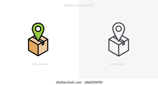 Das Paketverfolgungssymbol für Ihre Website, Ihr Logo, Ihre App, Ihr Benutzerinterface, Ihr Produkt. Parcel Tracking Konzept flach Silhouette Vektorgrafik Symbol. Set für Bearbeitbare Strichsymbole