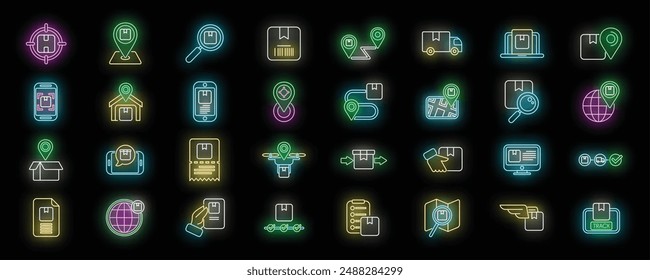 Parcel tracking icons set outline vector. Ship logistic. Delivery storage neon color on black