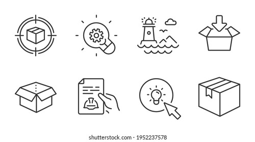 Parcel tracking, Lighthouse and Energy line icons set. Get box, Parcel and Open box signs. Technical documentation, Innovation symbols. Navigation beacon, Turn on the light, Send package. Vector