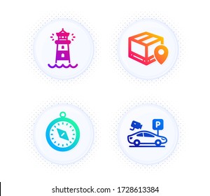 Parcel tracking, Lighthouse and Travel compass icons simple set. Button with halftone dots. Parking security sign. Package location pin, Searchlight tower, Trip destination. Video camera. Vector