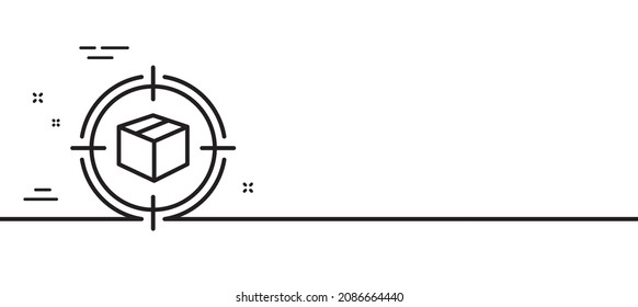 Icono de línea de seguimiento de paquetes. Signo de supervisión de entrega. Cuadro de envío en el símbolo de destino. Fondo mínimo de la ilustración de línea. Banner de patrón de icono de línea de seguimiento de paquetes. Concepto de plantilla web blanca. Vector
