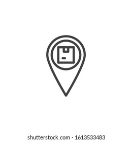 Parcel tracking line icon. linear style sign for mobile concept and web design. Cardboard box with map pin outline vector icon. Delivery service symbol, logo illustration. Vector graphics