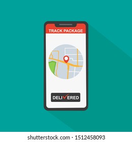 Parcel tracking on the smartphone. Tracking button on mobile phone screen. Modern flat design concepts. Vector illustration	
