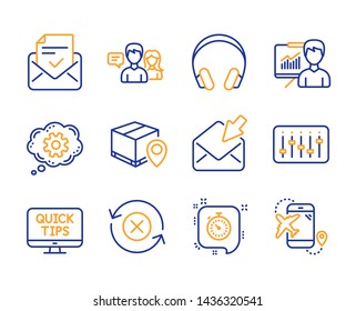 Parcel tracking, Open mail and Presentation icons simple set. Headphones, Approved mail and Timer signs. Reject refresh, Web tutorials and Cogwheel symbols. Line parcel tracking icon. Colorful set