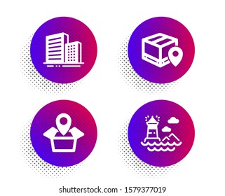 Parcel tracking, Package location and Buildings icons simple set. Halftone dots button. Lighthouse sign. Package location pin, Delivery tracking, City architecture. Navigation beacon. Vector