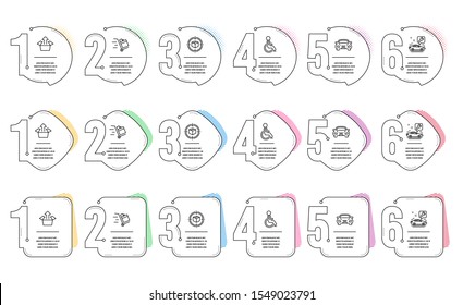 Parcel tracking, Push cart and Car line icons set. Infographic timeline. Car service, Send box and Disabled signs. Box in target, Express delivery, Transport. Repair service. Vector