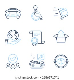 Parcel tracking, Push cart and Car line icons set. Diploma certificate, save planet, group of people. Car service, Send box and Disabled signs. Box in target, Express delivery, Transport. Vector