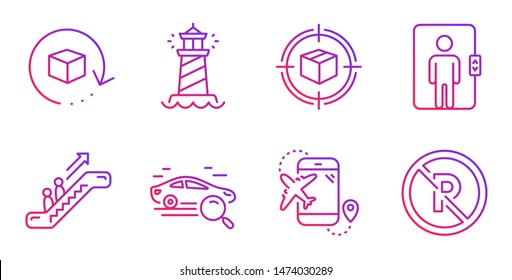 Parcel tracking, Return package and Flight destination line icons set. Lighthouse, Search car and Escalator signs. Elevator, No parking symbols. Box in target, Exchange goods. Vector