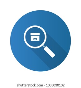 Parcel tracking service flat design long shadow glyph icon. Magnifying glass with cardboard package. Vector silhouette illustration