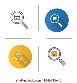 Parcel tracking service icon. Flat design, linear and color styles. Magnifying glass with cardboard package. Isolated vector illustrations