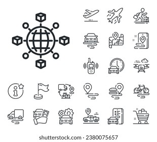 Parcel tracking sign. Plane, supply chain and place location outline icons. Logistics network line icon. Goods distribution symbol. Logistics network line sign. Vector