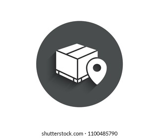 Parcel tracking simple icon. Delivery monitoring sign. Shipping box location symbol. Circle flat button with shadow. Vector