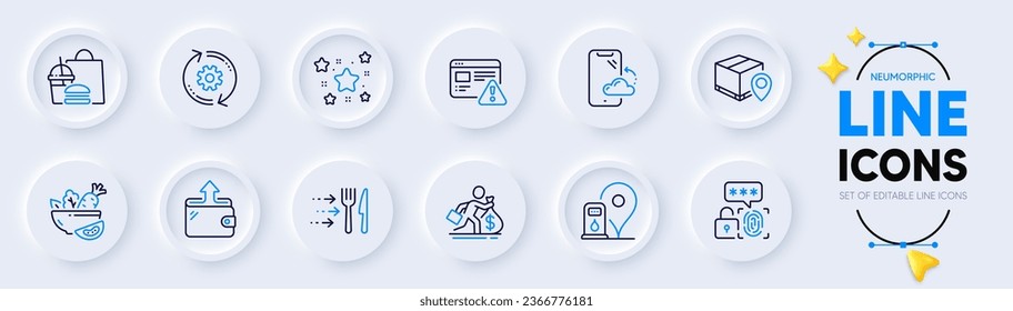 Parcel tracking, Stars and Smartphone cloud line icons for web app. Pack of Petrol station, Cogwheel, Salary pictogram icons. Wallet, Fast food, Internet warning signs. Food delivery. Vector