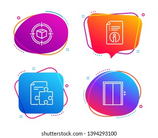 Parcel tracking, Strategy and Technical info icons simple set. Lift sign. Box in target, Puzzle, Documentation. Elevator. Industrial set. Speech bubble parcel tracking icon. Vector