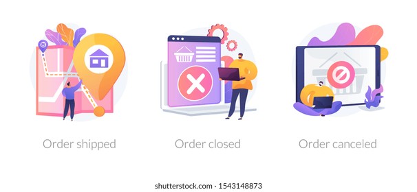 Parcel tracking system, digital shopping, online purchase distribution icons set. Order shipped, order closed, order canceled metaphors. Vector isolated concept metaphor illustrations