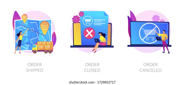 Parcel tracking system, digital shopping, online purchase distribution icons set. Order shipped, order closed, order canceled metaphors. Vector isolated concept metaphor illustrations