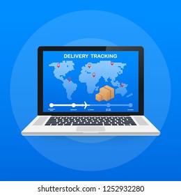 Parcel tracking website on laptop screen. Online package tracking. Modern concept. Vector stock illustration.