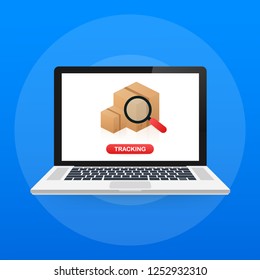 Parcel tracking website on laptop screen. Online package tracking. Modern concept. Vector stock illustration.