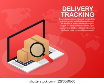 Parcel tracking website on laptop screen. Online package tracking. Modern concept. Vector stock illustration.