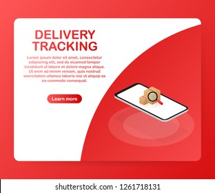 Parcel tracking website on smartphone screen. Online package tracking. Modern concept. Vector stock illustration.
