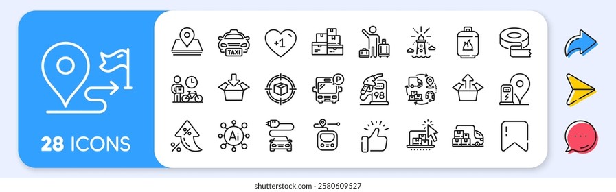 Parcel tracking, Wholesale goods and Metro line icons. Interest rate, AI generate, Inflation icons. Pack of Lighthouse, Send box, Pin icon. Delivery truck, Petrol station, Car charge pictogram. Vector