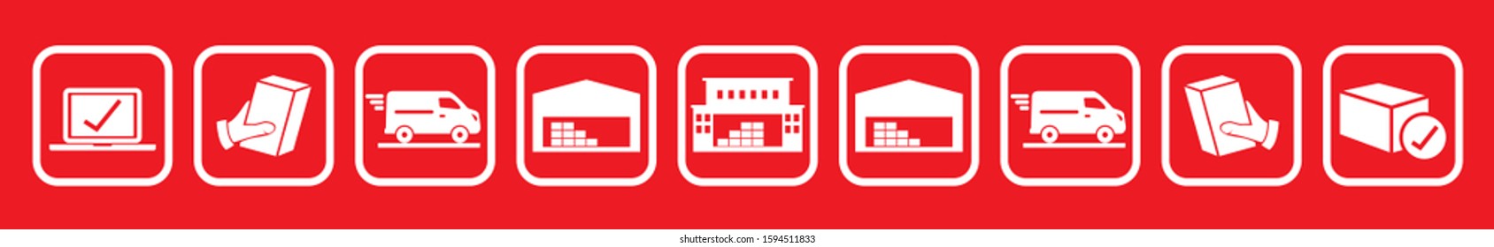 parcel transport, eshop, vector icons, white contour on red background