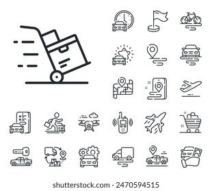 Parcel trolley sign. Plane, supply chain and place location outline icons. Delivery cart line icon. Express service symbol. Delivery cart line sign. Taxi transport, rent a bike icon. Vector