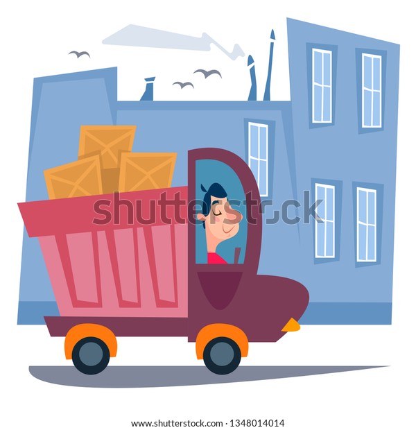 A parcel truck from the post office is\
driving along the road. On the background of the city. Work as a\
driver. Vector illustration in cartoon\
style.