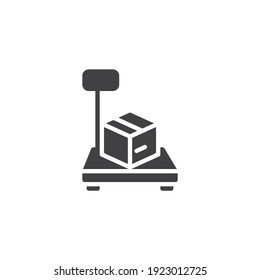Icono vector de pesaje de parcela. signo plano relleno para concepto móvil y diseño web. Escala de carga con el icono de glifo de caja. Símbolo, ilustración del logotipo. Gráficos vectoriales