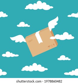 Parcel with wings flying in the sky with clouds. Fast delivery concept. Online order. box, package, transportation, container. Receive, send and transfer products.  Vector flat illustration