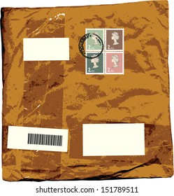 parcel in wrapping paper with stamps and windows for the address.