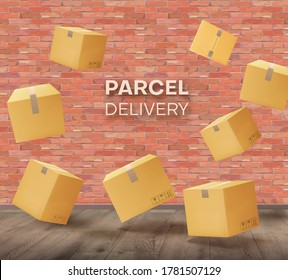 Parcelas, cajas flotando en la habitación contra el fondo de una pared de ladrillo y el suelo. Ilustración del vector