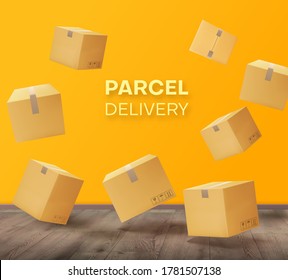Parcelas, cajas flotando en la habitación contra el fondo de una pared amarilla y el suelo. Ilustración del vector