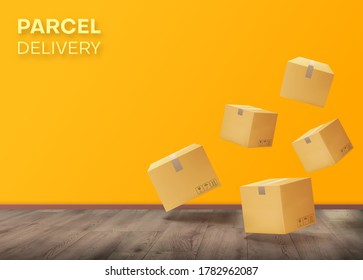 Parcels, boxes floating in the room against the background of a yellow wall and floor. Vector illustration