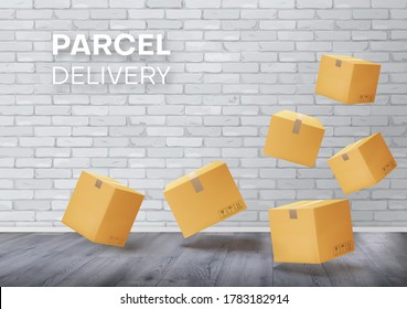 Parcels, boxes floating in the room against the backdrop of a white brick wall and floor. Vector illustration
