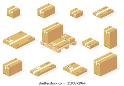 Kartonboxen auf Lagerhäusern aus Holzpaletten, Vektorgrafik. Isometrisches, isoliertes Set aus Schaufelpappe mit Klebeband und Briefmarken für die Versandlogistik