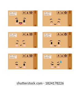 Parcels character icons set isolated on white background. Cardboard closed sealed with tape boxe with packaging sings emoji smilling parcels collection. Vector flat design cartoon style illustration.