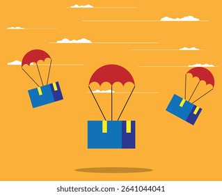 Parcels Delivered on Parachute Bright Background. Postal services and product delivery vector art