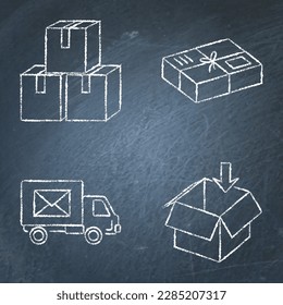 Parcels and delivery boxes icon set on chalkboard. Mail delivery package and truck. Vector illustration.