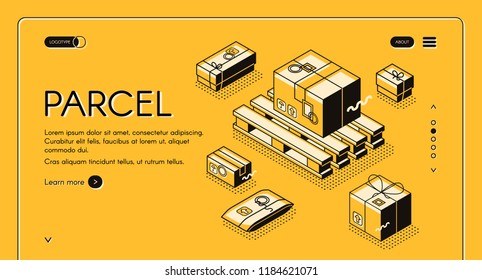 Parcels delivery and post mail logistics vector illustration in thin line design. Carton boxes packages with postage stamps on warehouse pallets on halftone yellow web banner background