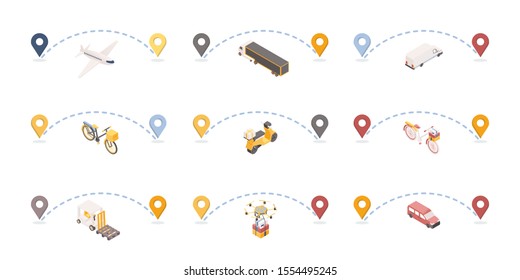 Parcels delivery routes isometric illustrations set. Shipment destination marked with geotags. Logistic company transportation vehicles icons collection, post office delivery service concept