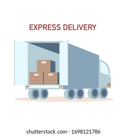 Parcels Express delivery service by car with carton boxes. Delivery by car or truck. Vector flat  illustration,  design delivery service concept. Template for website, print, banner