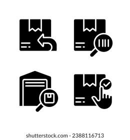Parcels management black glyph icons set on white space. Warehouse. Goods tracking. Distribution and delivery. Silhouette symbols. Solid pictogram pack. Vector isolated illustration