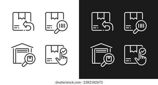 Parcels management pixel perfect white linear icon for dark themes set for dark, light mode. Goods tracking. Thin line symbols for night, day theme. Isolated illustrations. Editable stroke