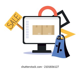 Pakete auf dem Computerbildschirm. Preispaket, Bannerverkauf. Online-Rabatte