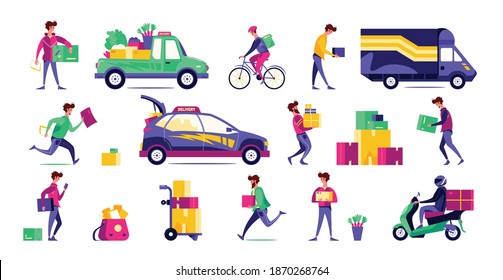 Parcels packages mail worldwide delivery options colorful set with bike motorbike courier van driver service vector illustration